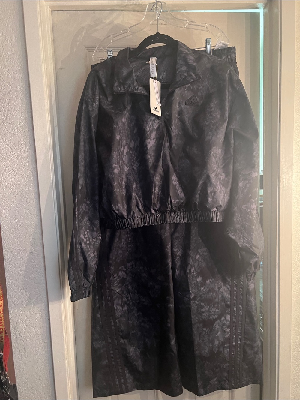 adidas Black Cropped Bomber Jacket with Subtle Marbled Print wide legged pants